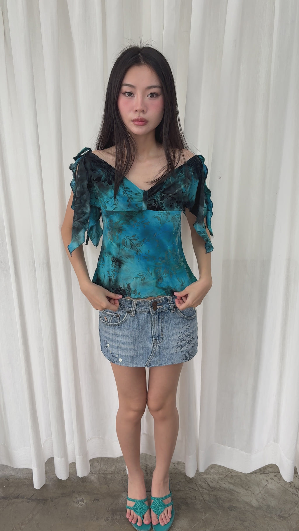 Blue printed off shoulder top