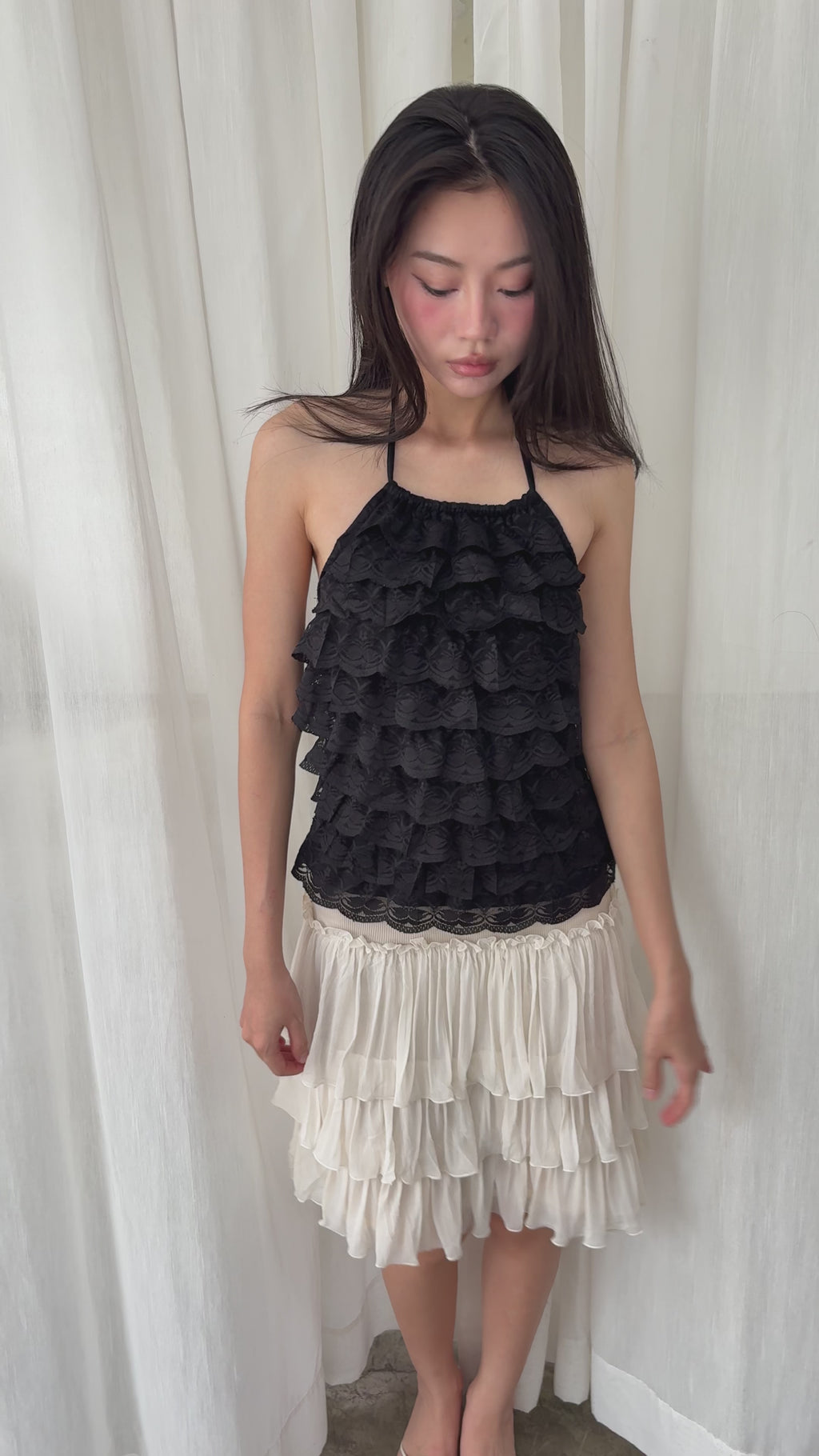 Black lace ruffle halter top