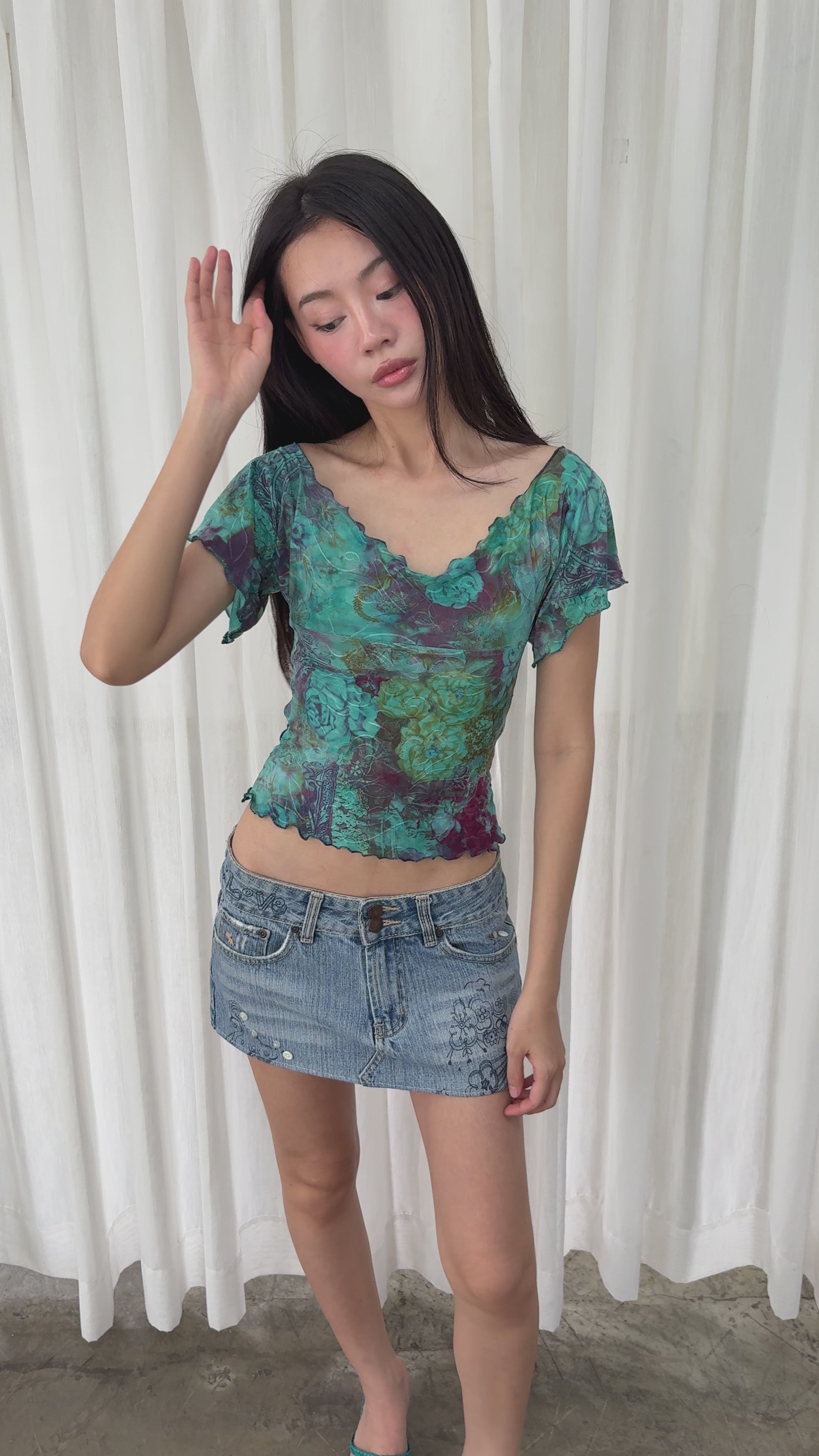Teal floral off shoulder top