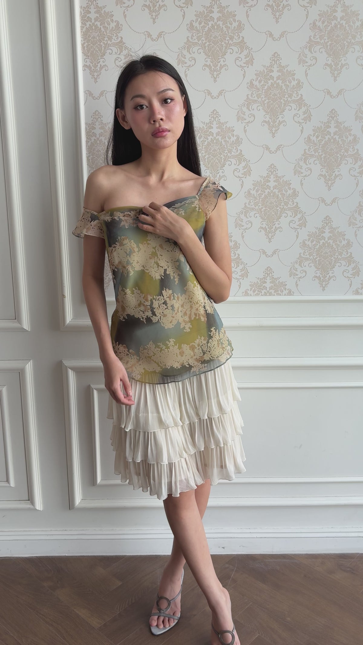 Draped shoulder chiffon blouse