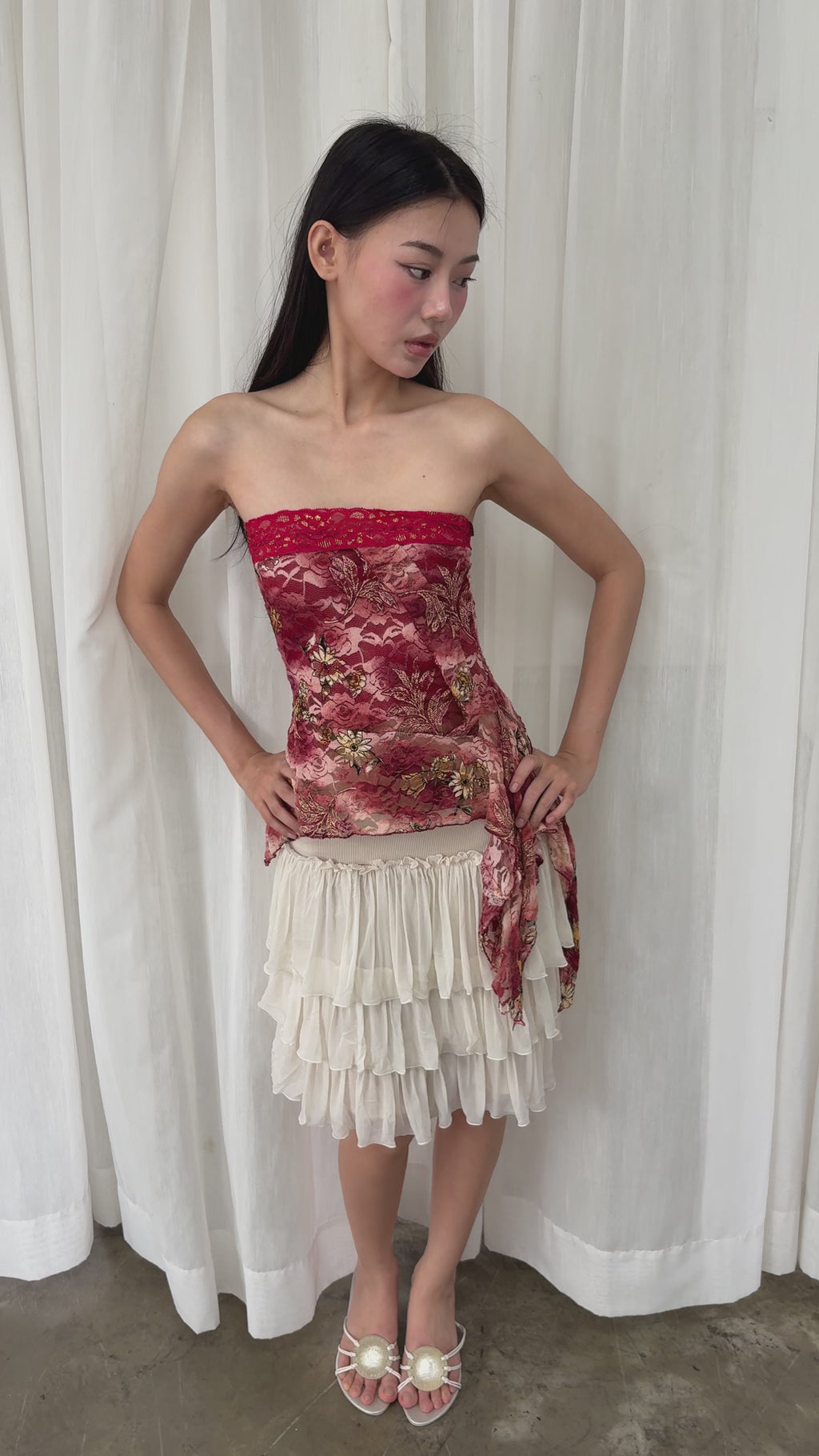 Red lace asymmetrical tube top
