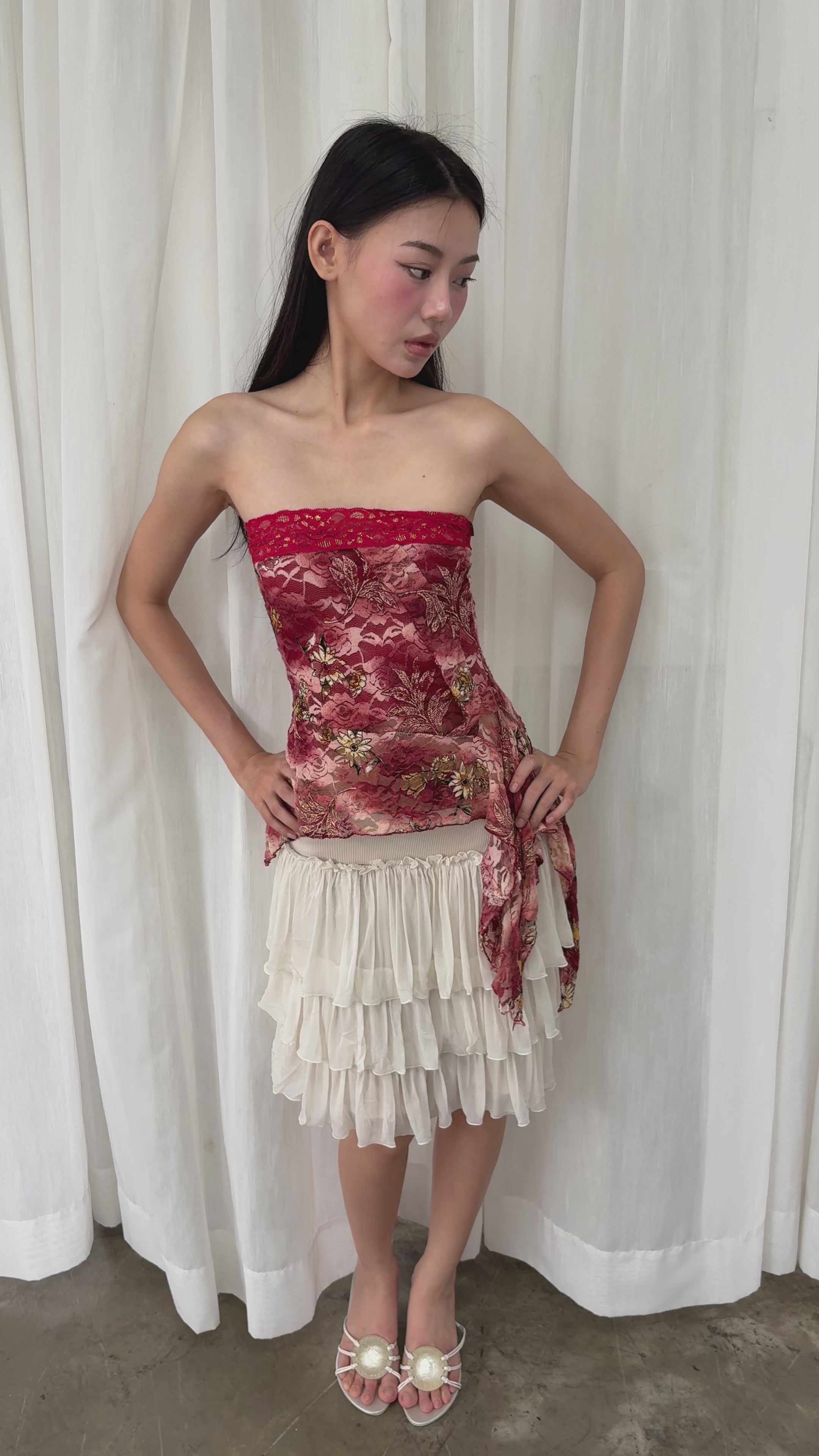 Red lace asymmetrical tube top