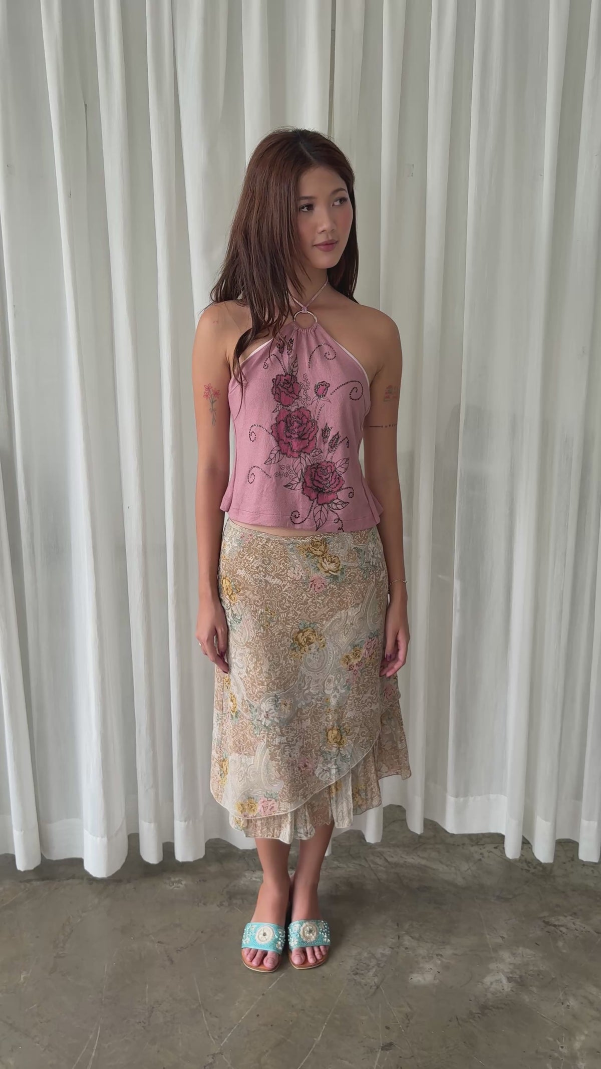 Pink rose halter & European floral midi skirt