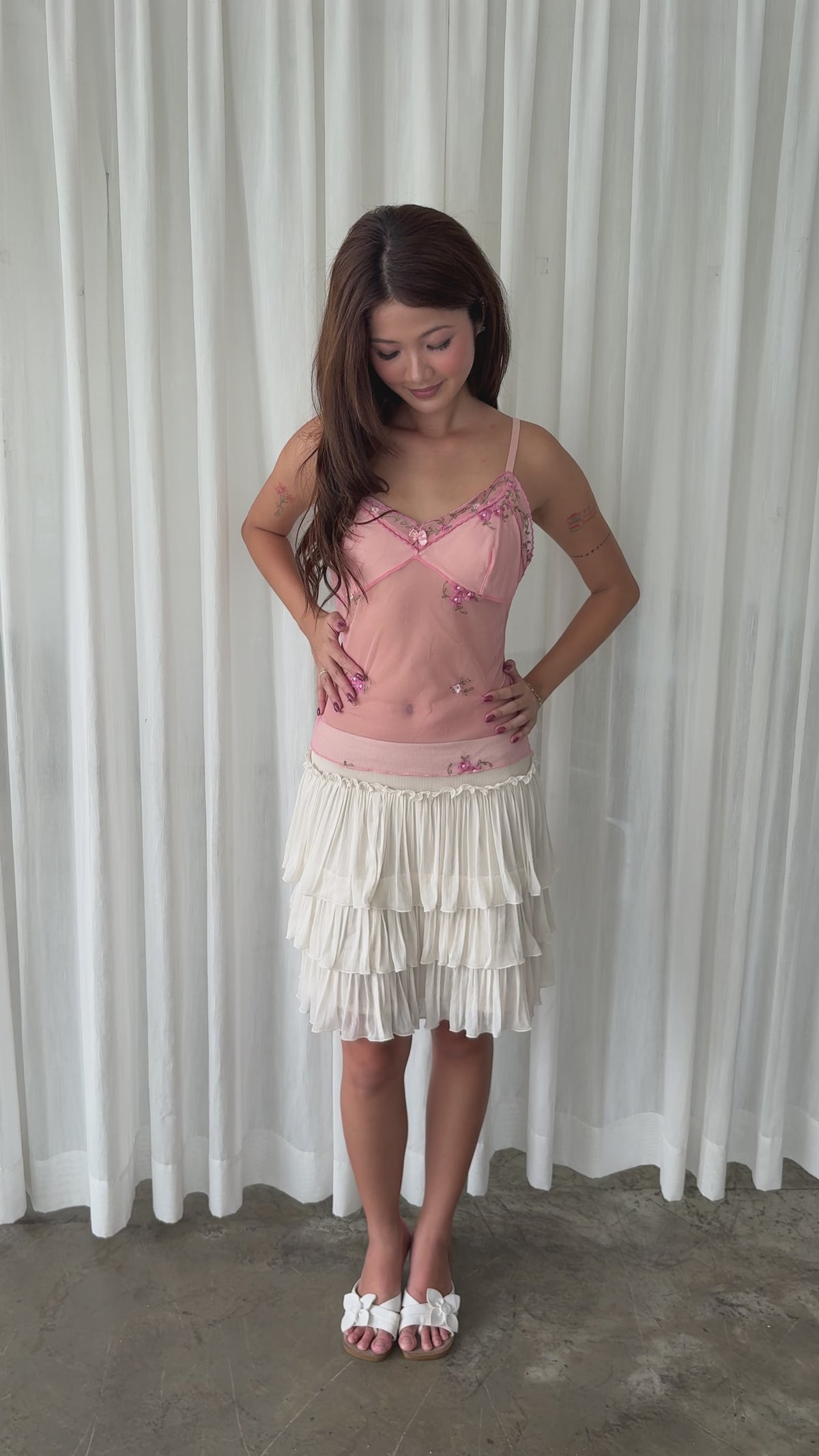 Pink embroidered mesh camisole