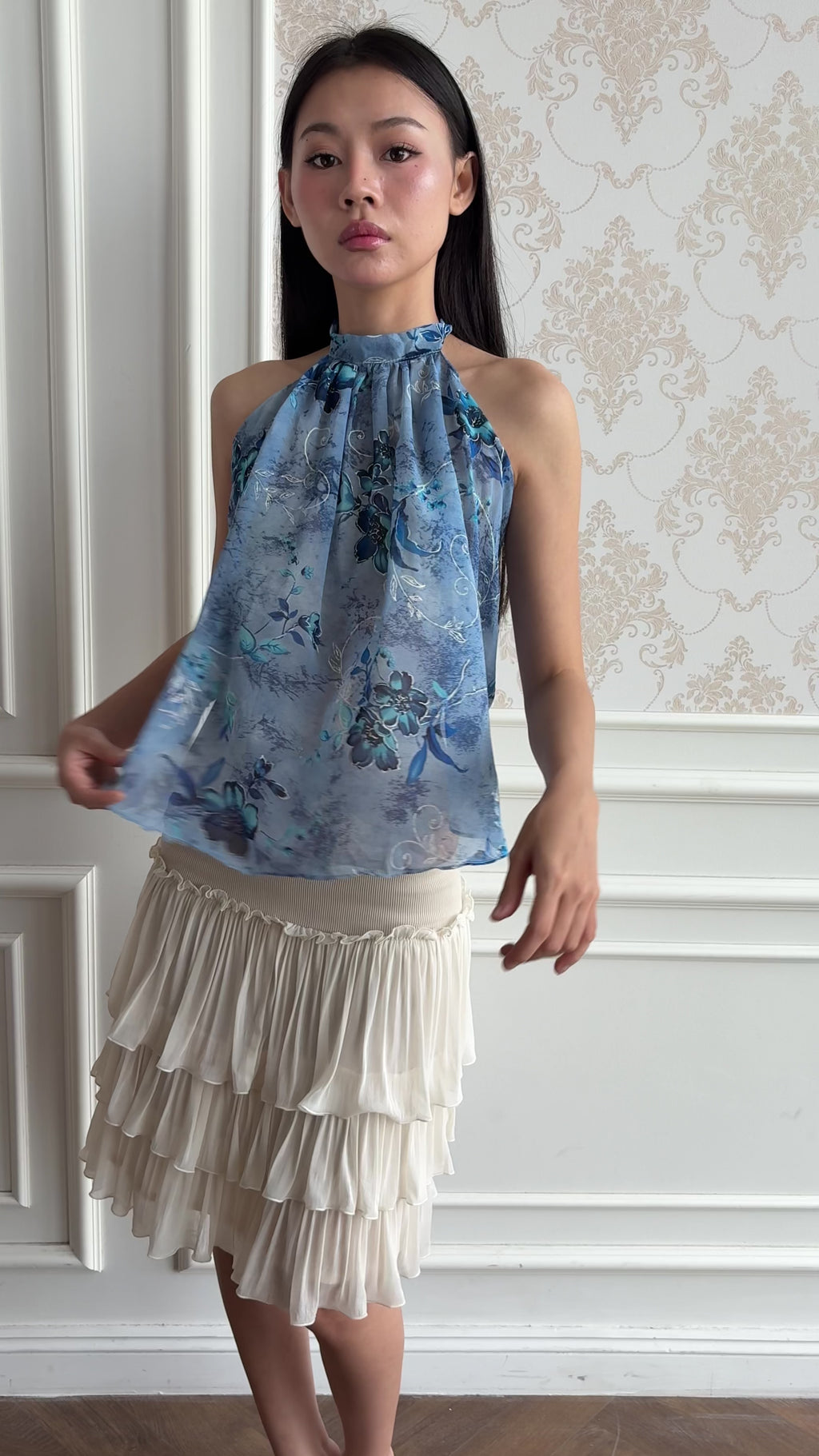 Floral backless halter top