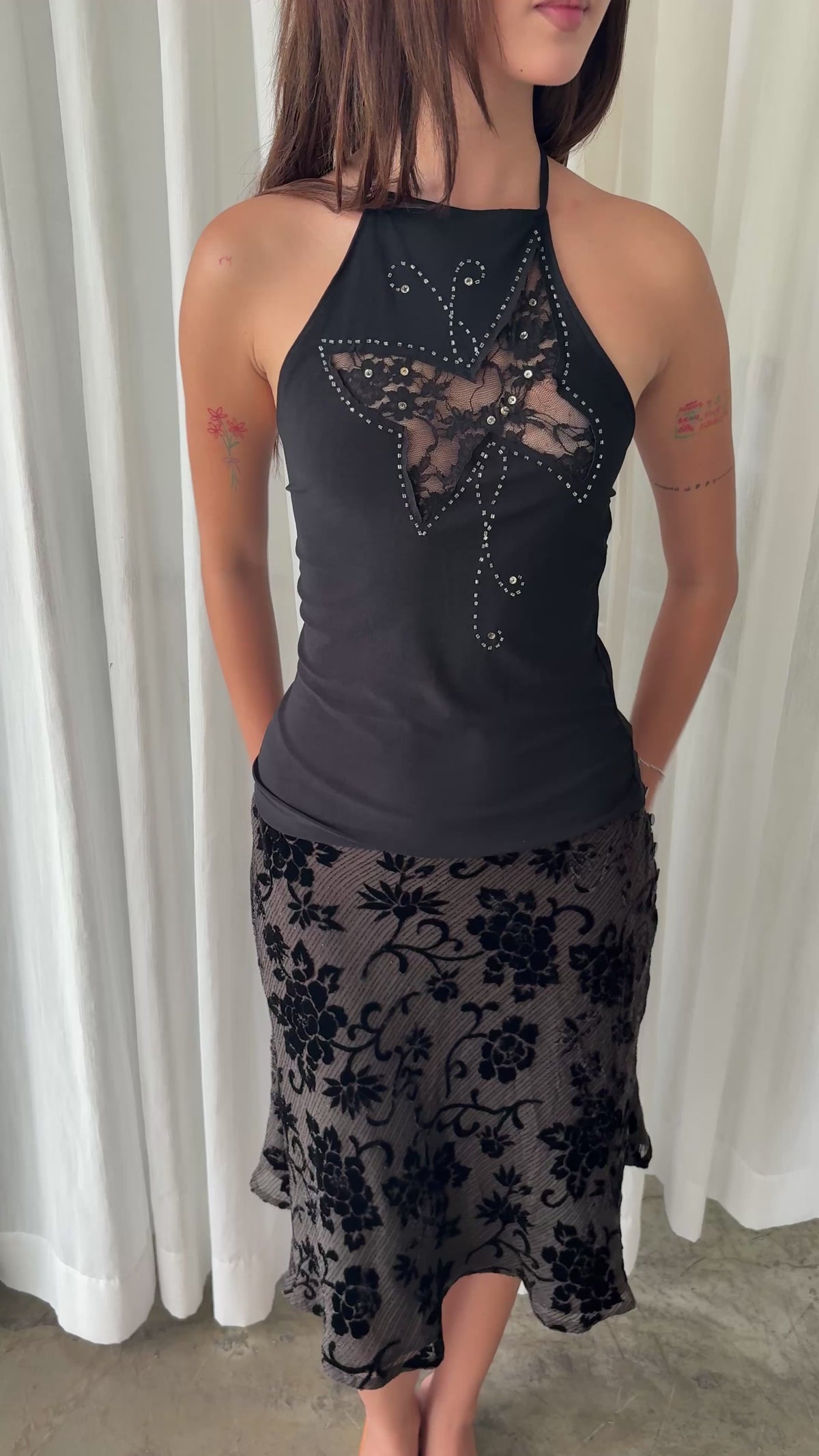 Black lace halter & Shimmery velvet floral skirt