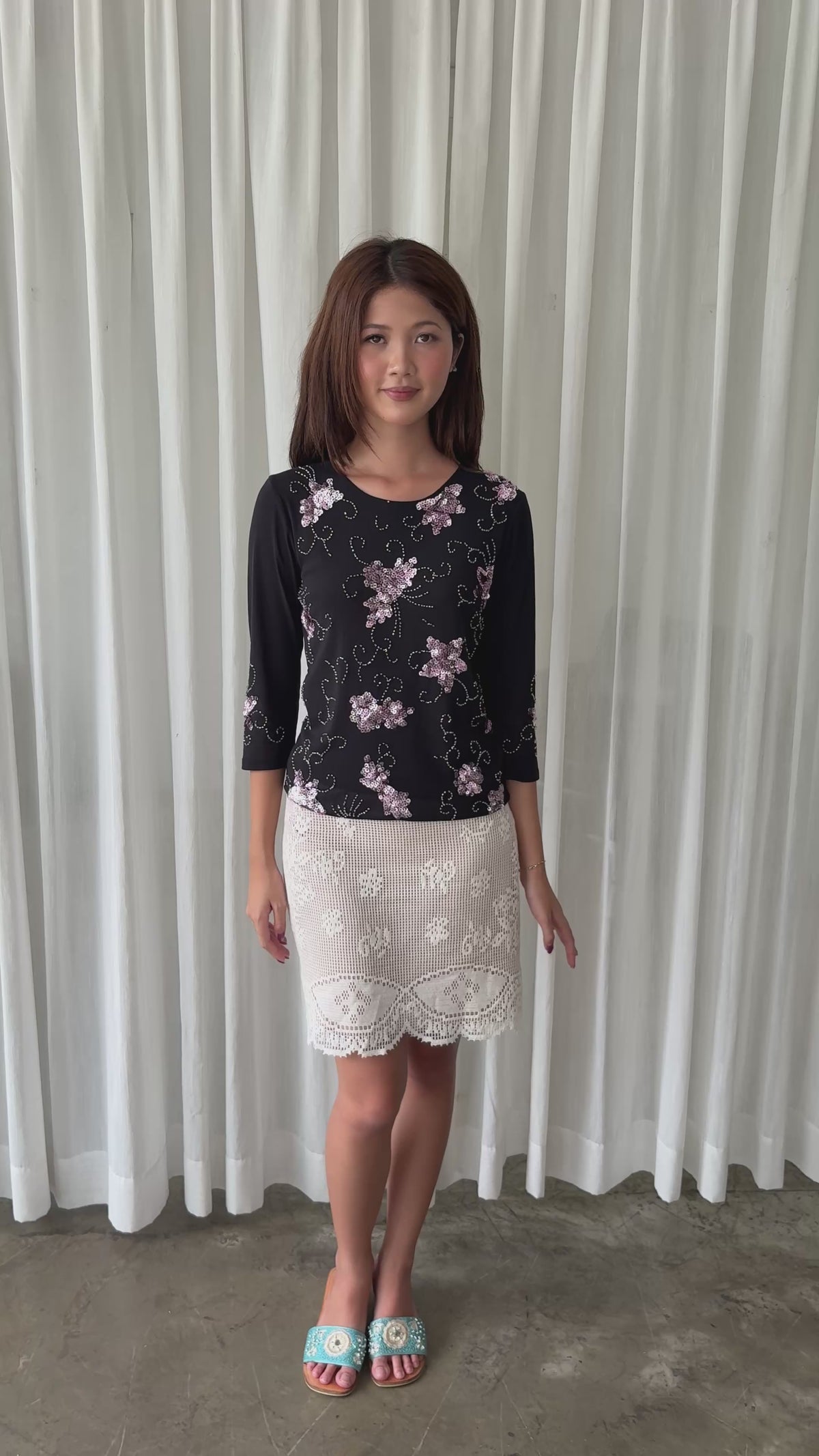 Beaded floral long sleeve top
