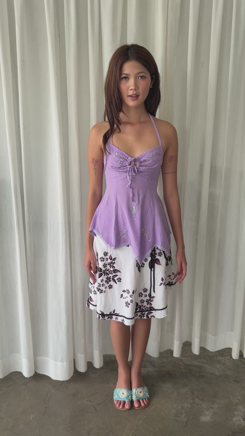 Lilac sequin halter & Plum floral midi skirt