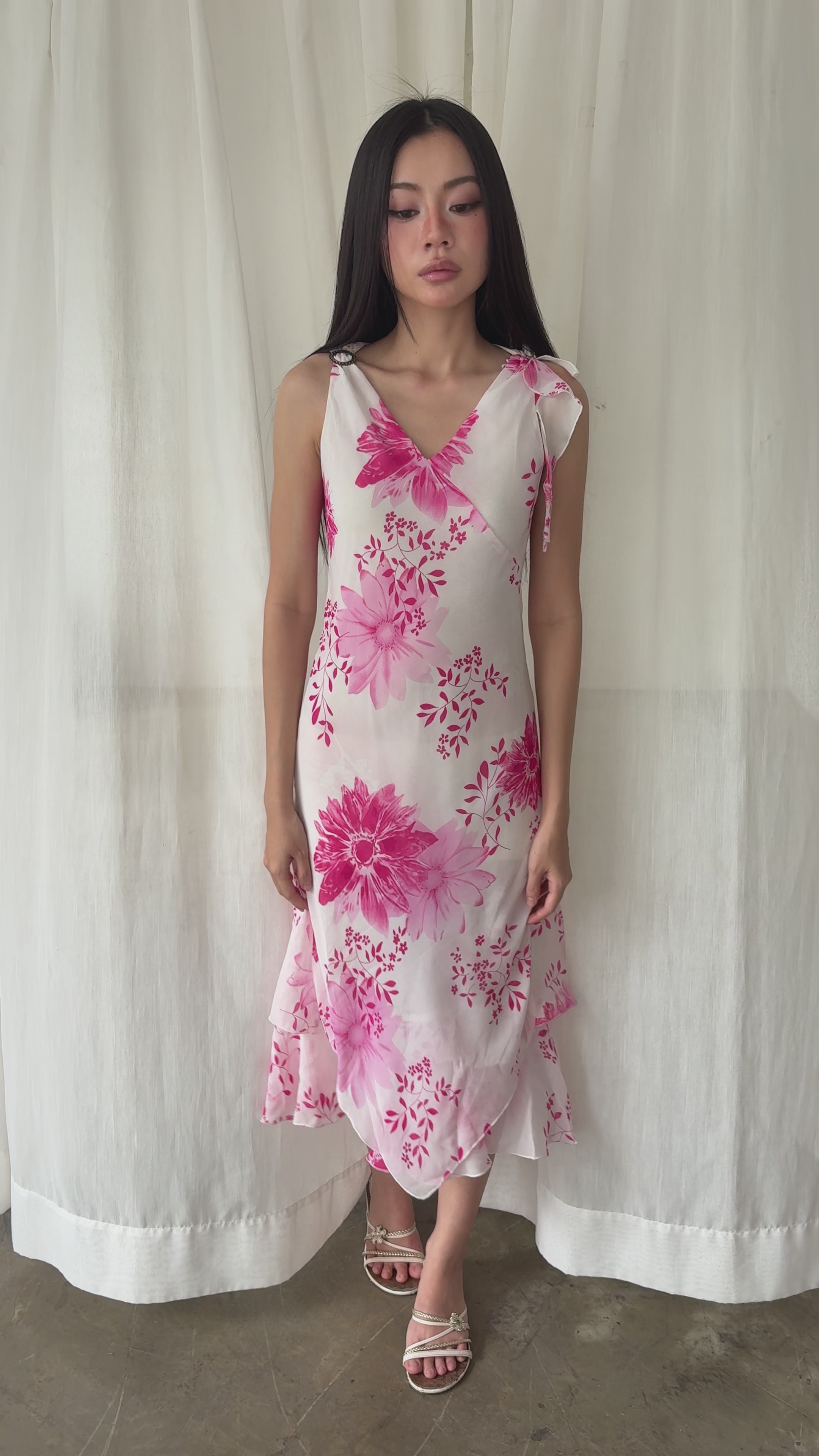 Pink floral asymmetric midi dress
