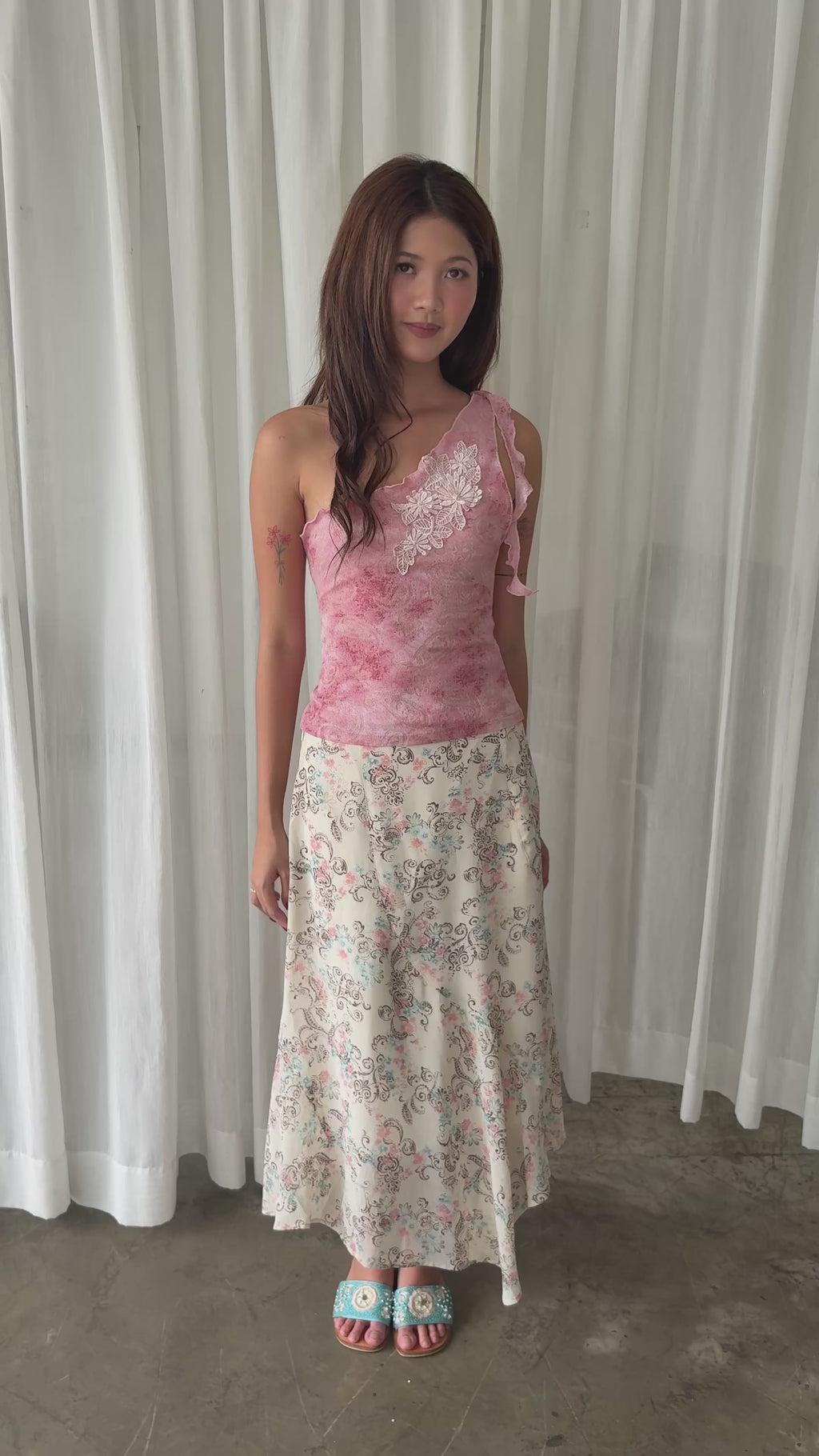Pink blossom one shoulder top & Pastel floral midi skirt