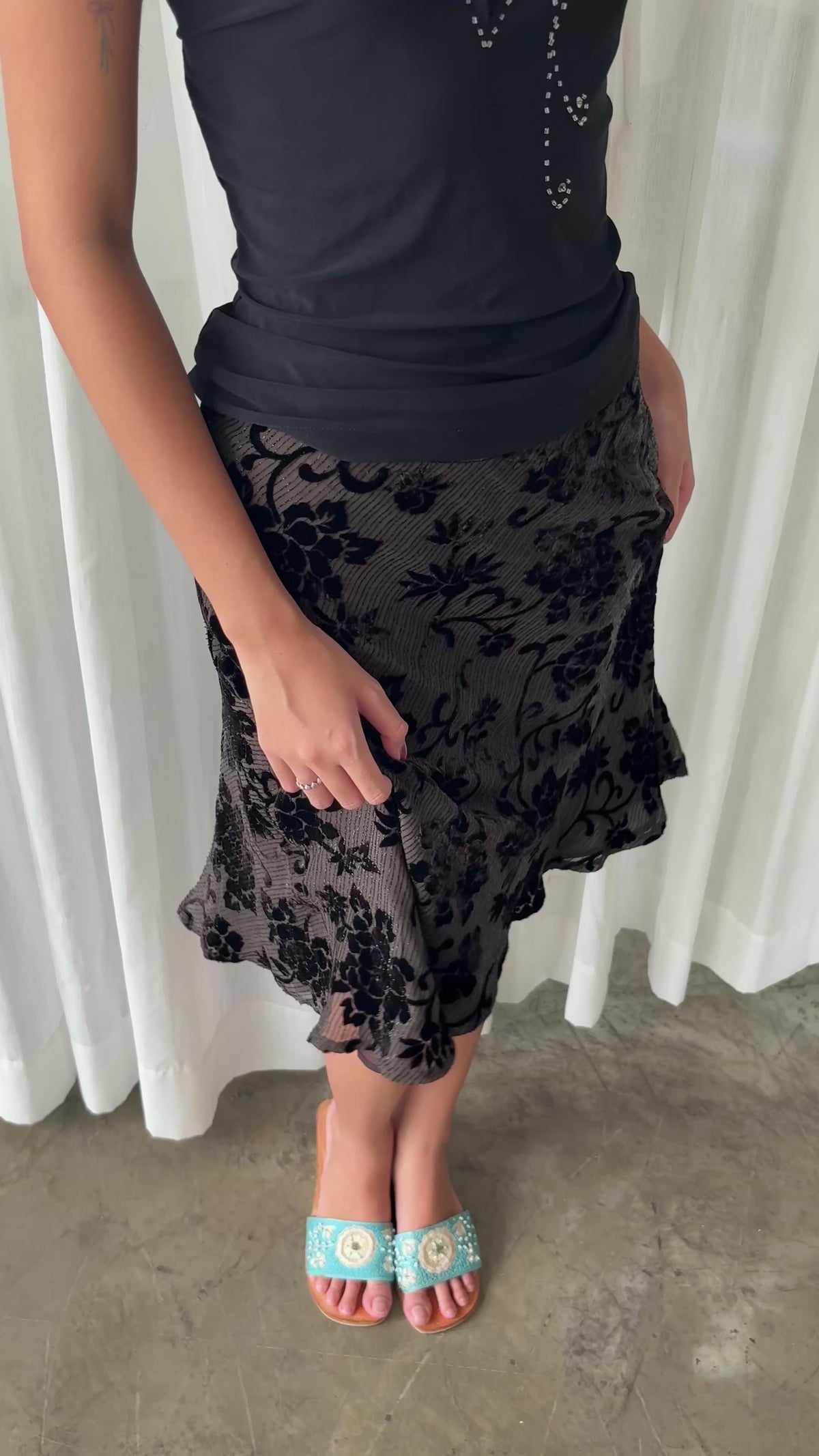 Black lace halter & Shimmery velvet floral skirt